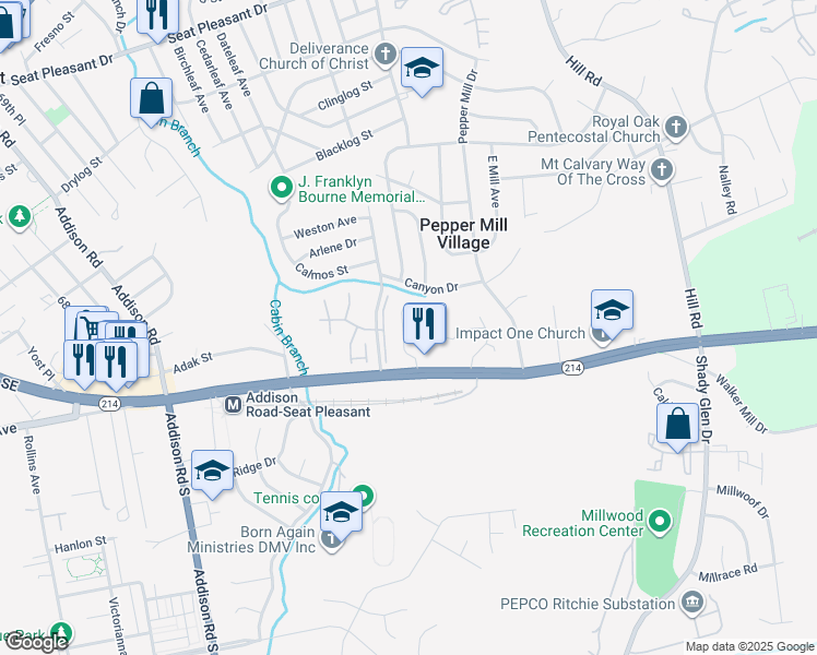 map of restaurants, bars, coffee shops, grocery stores, and more near 6804 Central Avenue in Pepper Mill Village