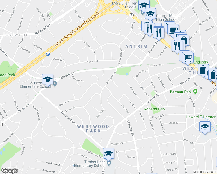 map of restaurants, bars, coffee shops, grocery stores, and more near 7318 Allan Avenue in Falls Church