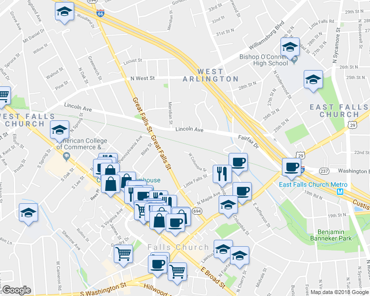 map of restaurants, bars, coffee shops, grocery stores, and more near 312 West Columbia Street in Falls Church