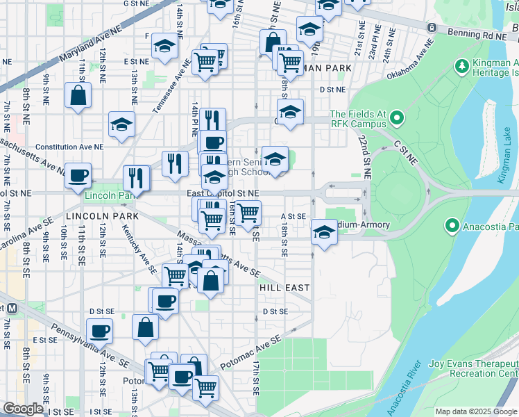 map of restaurants, bars, coffee shops, grocery stores, and more near 24 17th Street Southeast in Washington