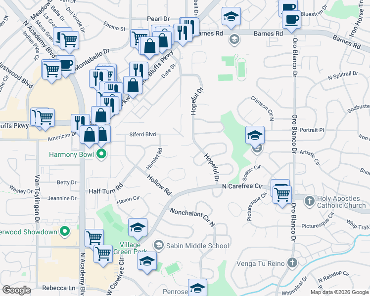 map of restaurants, bars, coffee shops, grocery stores, and more near 4247 Amiable Way in Colorado Springs