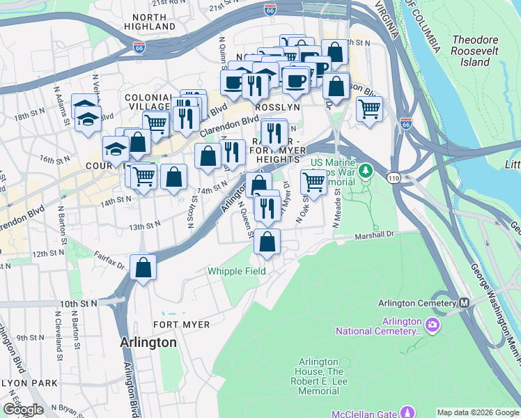 map of restaurants, bars, coffee shops, grocery stores, and more near 101 Independence Avenue Southeast in Washington