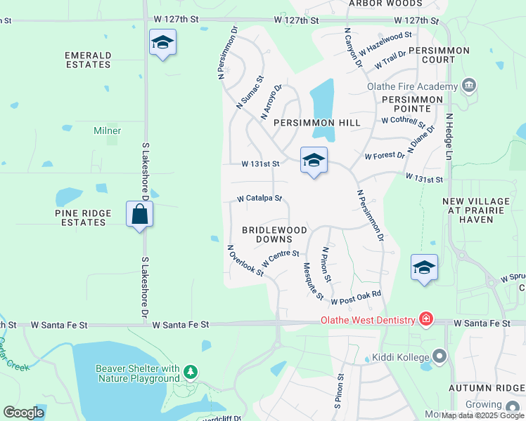 map of restaurants, bars, coffee shops, grocery stores, and more near 2623 West Catalpa Street in Olathe