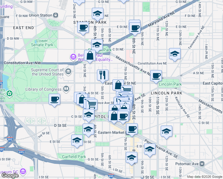 map of restaurants, bars, coffee shops, grocery stores, and more near 101 Independence Avenue Southeast in Washington