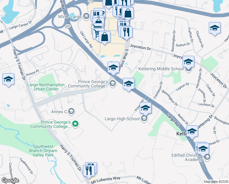 map of restaurants, bars, coffee shops, grocery stores, and more near 301 Largo Road in Upper Marlboro