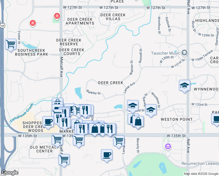 map of restaurants, bars, coffee shops, grocery stores, and more near 6515 West 132nd Street in Leawood