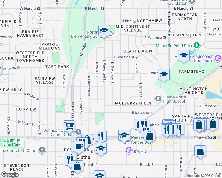 map of restaurants, bars, coffee shops, grocery stores, and more near 533 North Stevenson Street in Olathe