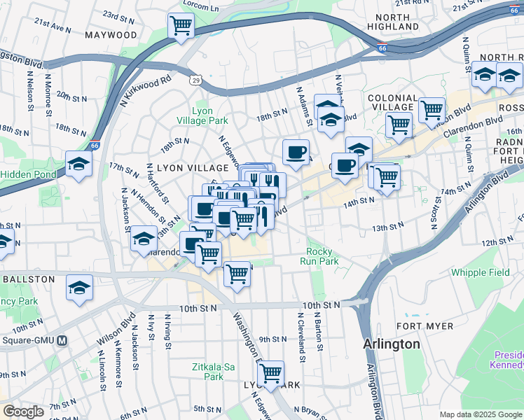 map of restaurants, bars, coffee shops, grocery stores, and more near 2800 North Clarendon Boulevard in Arlington