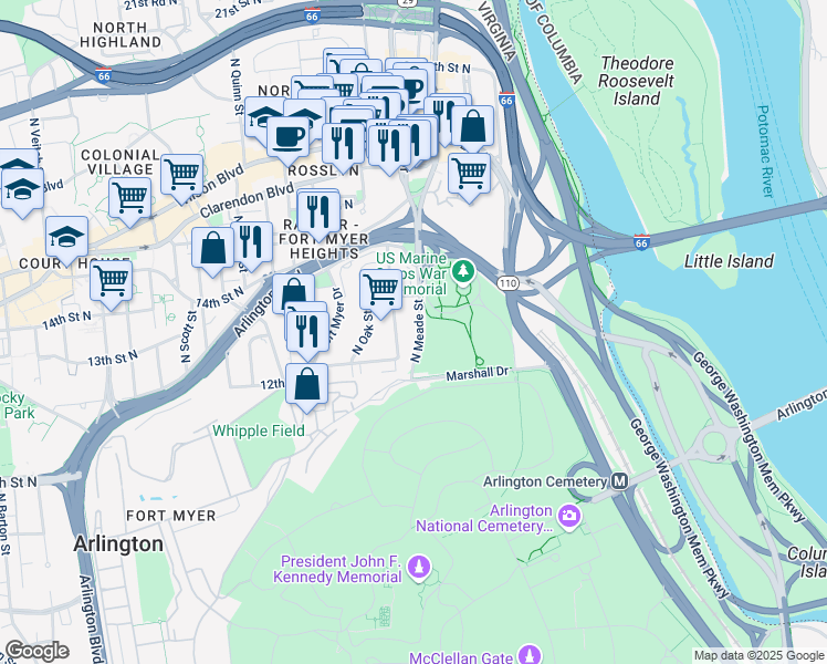 map of restaurants, bars, coffee shops, grocery stores, and more near 1220 North Meade Street in Arlington