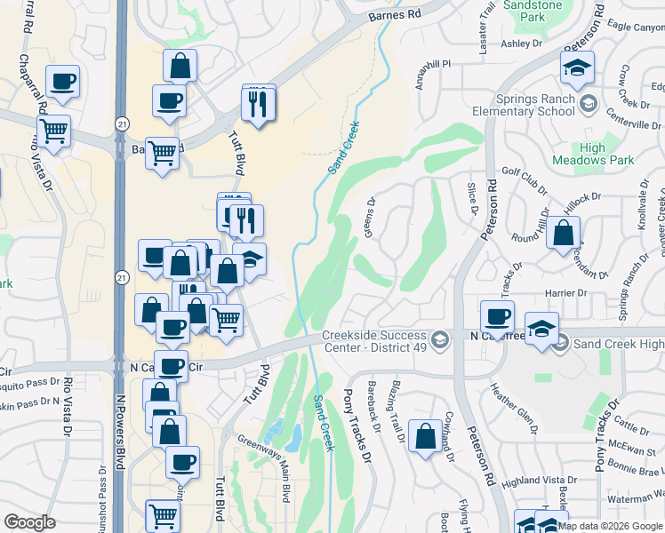 map of restaurants, bars, coffee shops, grocery stores, and more near 6504 Range Overlook Heights in Colorado Springs