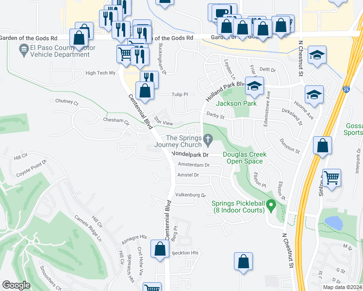 map of restaurants, bars, coffee shops, grocery stores, and more near 3950 Stonedike Drive in Colorado Springs