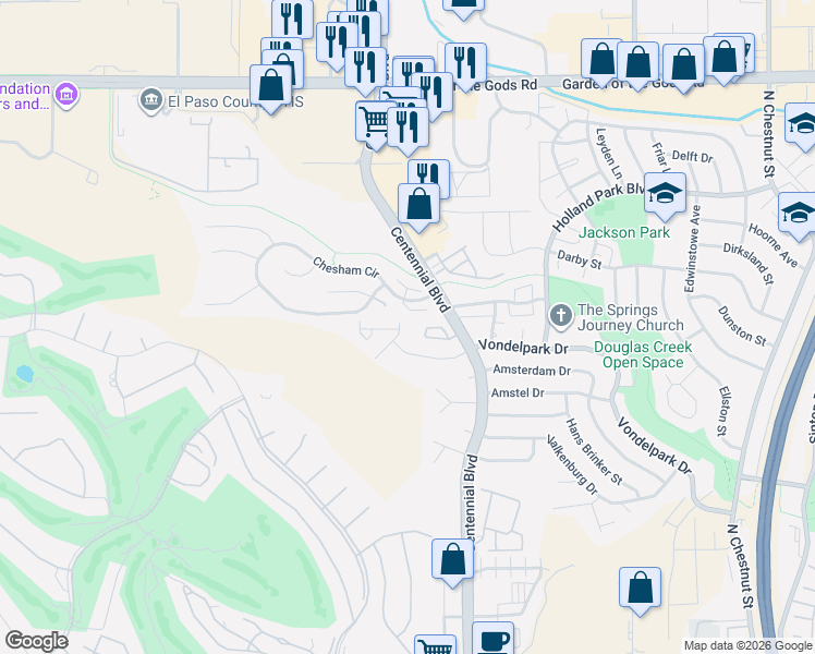 map of restaurants, bars, coffee shops, grocery stores, and more near 3935 Michener Drive in Colorado Springs