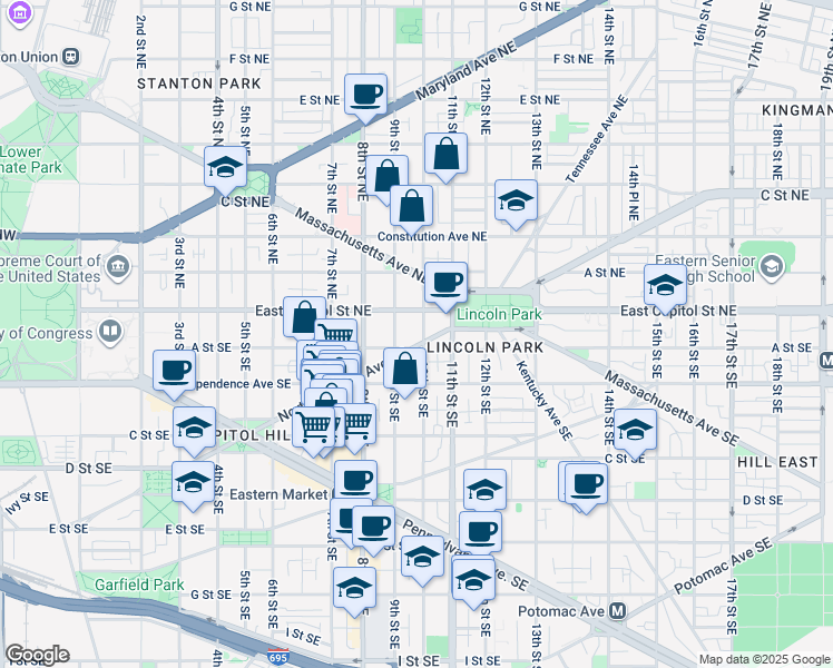 map of restaurants, bars, coffee shops, grocery stores, and more near 101 Independence Avenue Southeast in Washington
