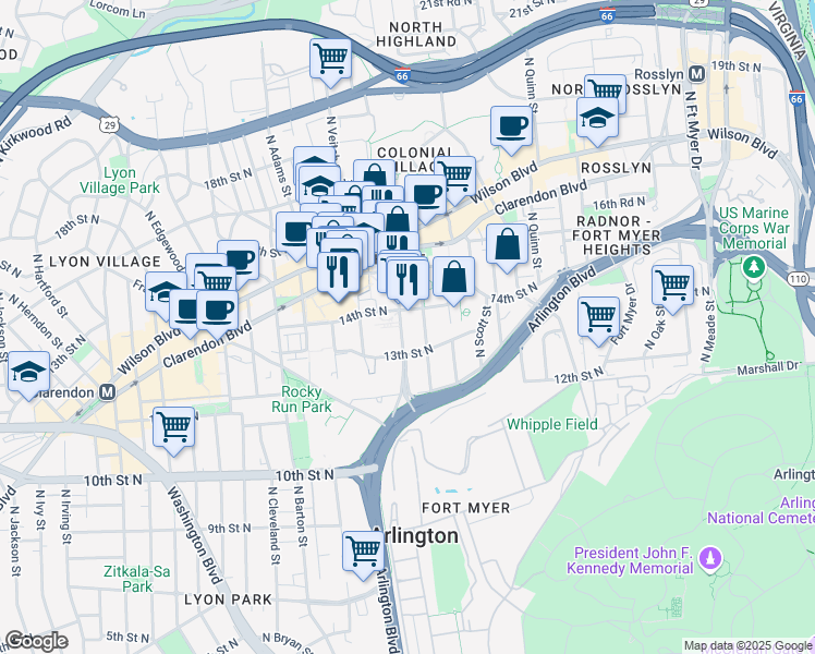 map of restaurants, bars, coffee shops, grocery stores, and more near 1301 North Courthouse Road in Arlington