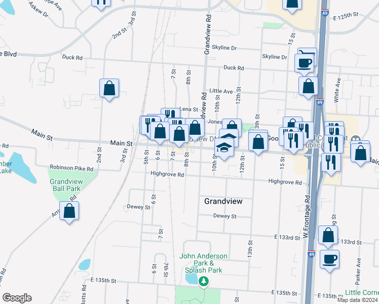 map of restaurants, bars, coffee shops, grocery stores, and more near 801 Main Street in Grandview