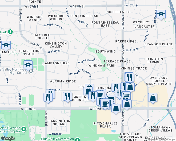 map of restaurants, bars, coffee shops, grocery stores, and more near 13162 England Street in Overland Park