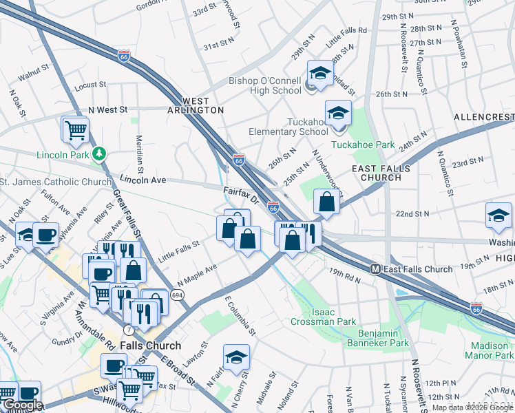map of restaurants, bars, coffee shops, grocery stores, and more near 6940 Fairfax Drive in Arlington