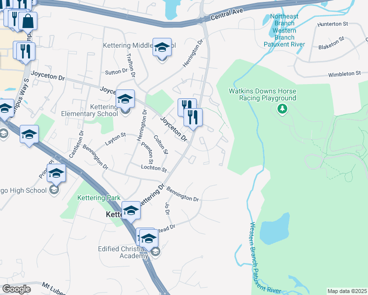 map of restaurants, bars, coffee shops, grocery stores, and more near 107 Kettering Drive in Upper Marlboro