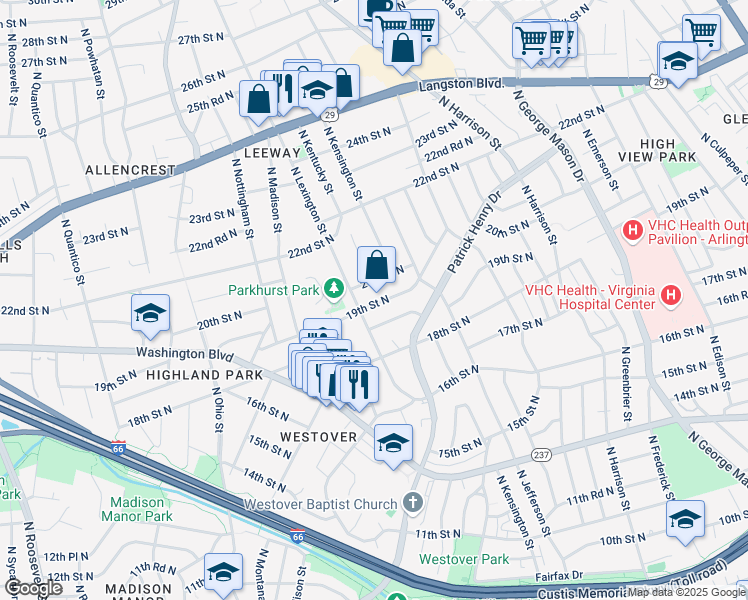 map of restaurants, bars, coffee shops, grocery stores, and more near 5717 19th Street North in Arlington