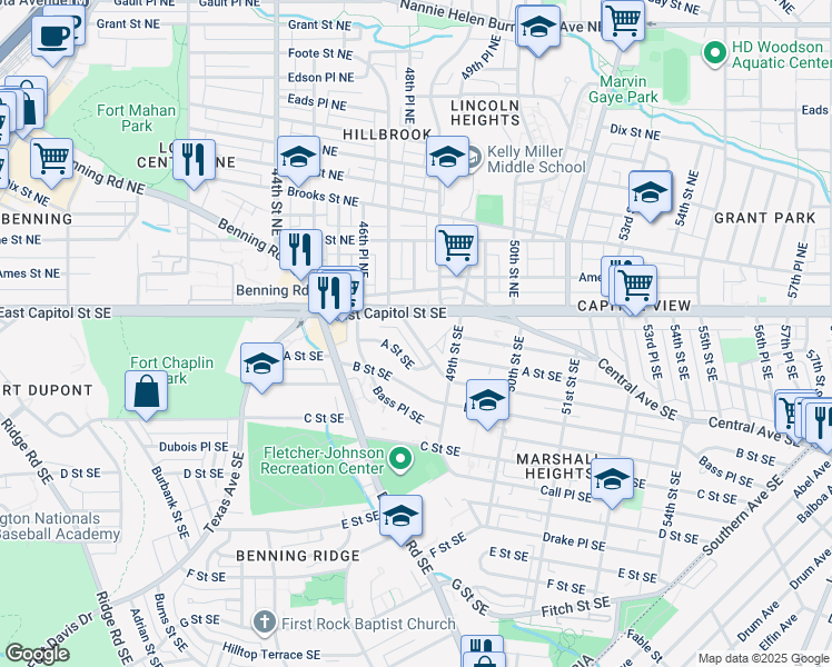 map of restaurants, bars, coffee shops, grocery stores, and more near 46 47th Street Southeast in Washington