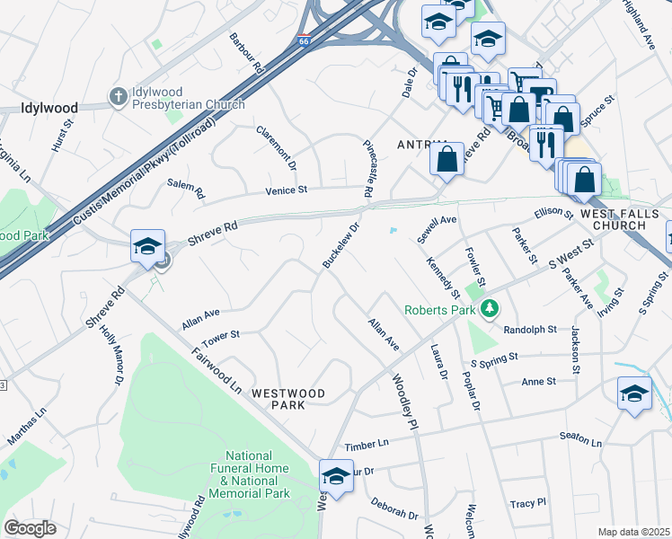 map of restaurants, bars, coffee shops, grocery stores, and more near 7318 Allan Avenue in Falls Church
