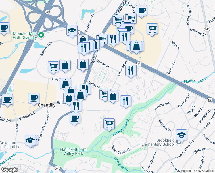 map of restaurants, bars, coffee shops, grocery stores, and more near 4169 McCloskey Court in Chantilly