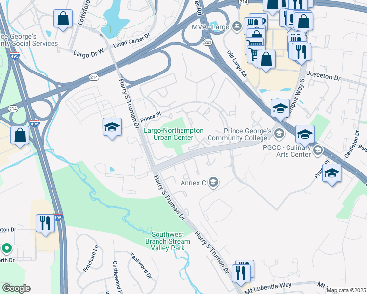 map of restaurants, bars, coffee shops, grocery stores, and more near 10102 Campus Way South in Upper Marlboro