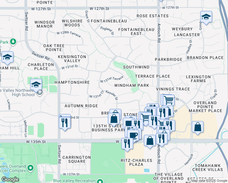 map of restaurants, bars, coffee shops, grocery stores, and more near 9128 West 131st Court in Overland Park