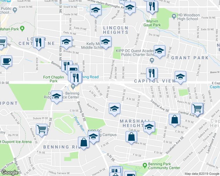 map of restaurants, bars, coffee shops, grocery stores, and more near 4900 Ayers Place Southeast in Washington
