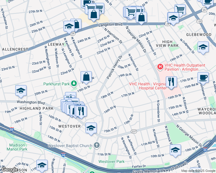 map of restaurants, bars, coffee shops, grocery stores, and more near 1821 North Jefferson Street in Arlington