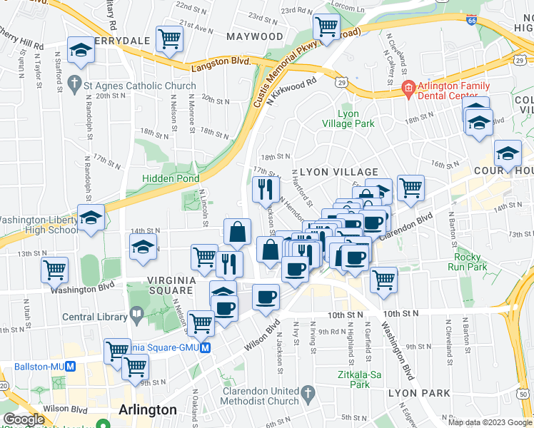 map of restaurants, bars, coffee shops, grocery stores, and more near 1428 North Jackson Street in Arlington