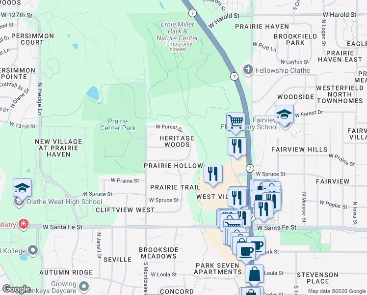 map of restaurants, bars, coffee shops, grocery stores, and more near 1437 West Mulberry Street in Olathe