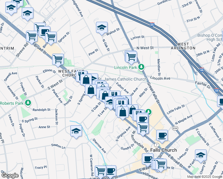 map of restaurants, bars, coffee shops, grocery stores, and more near 202 North Oak Street in Falls Church