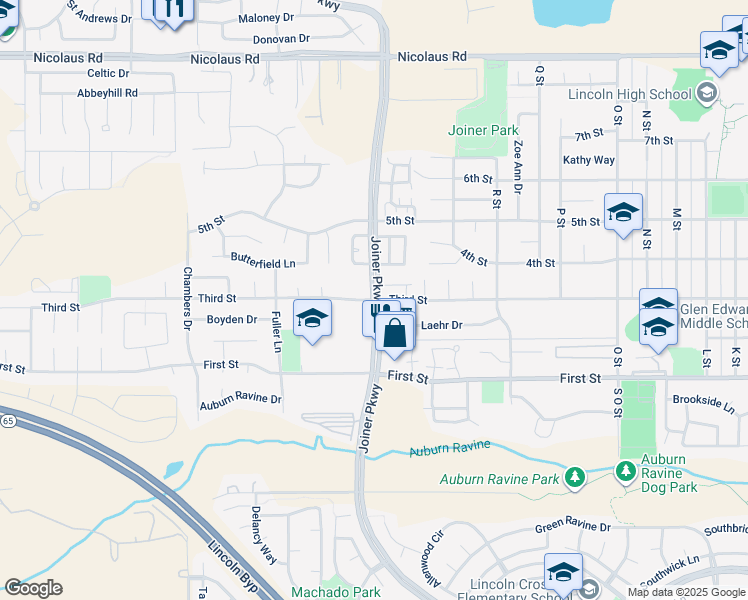 map of restaurants, bars, coffee shops, grocery stores, and more near Joiner Parkway & 3rd Street in Lincoln