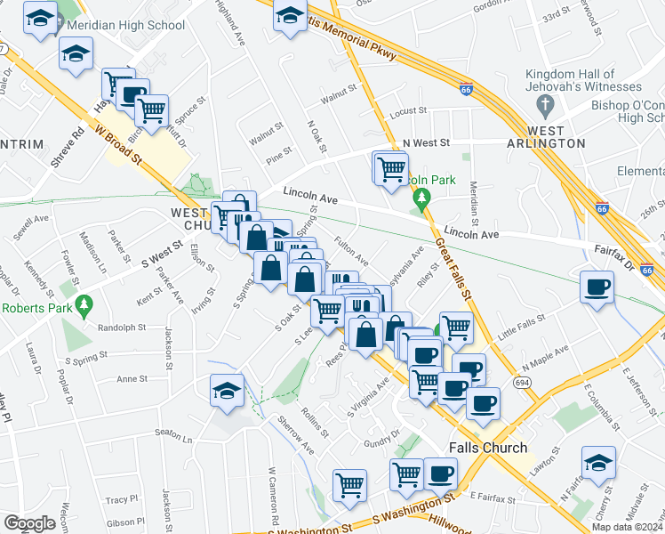 map of restaurants, bars, coffee shops, grocery stores, and more near 202 North Oak Street in Falls Church