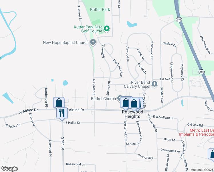 map of restaurants, bars, coffee shops, grocery stores, and more near 130 Reno Avenue in East Alton
