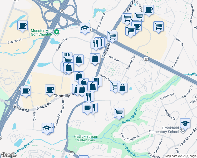 map of restaurants, bars, coffee shops, grocery stores, and more near 4156 Sulser Place in Chantilly