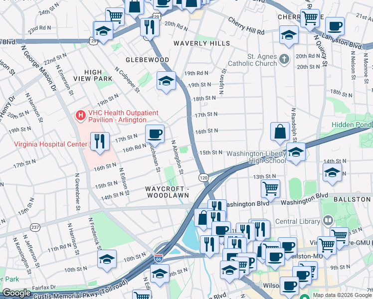 map of restaurants, bars, coffee shops, grocery stores, and more near 1500 North Glebe Road in Arlington