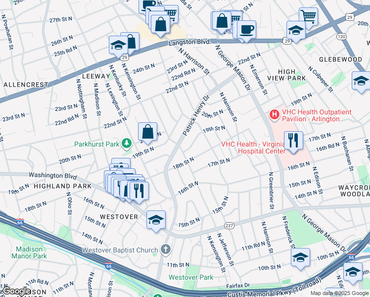 map of restaurants, bars, coffee shops, grocery stores, and more near 1821 North Jefferson Street in Arlington
