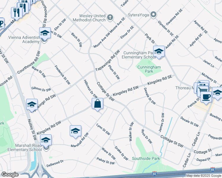 map of restaurants, bars, coffee shops, grocery stores, and more near 212 Harmony Drive Southwest in Vienna