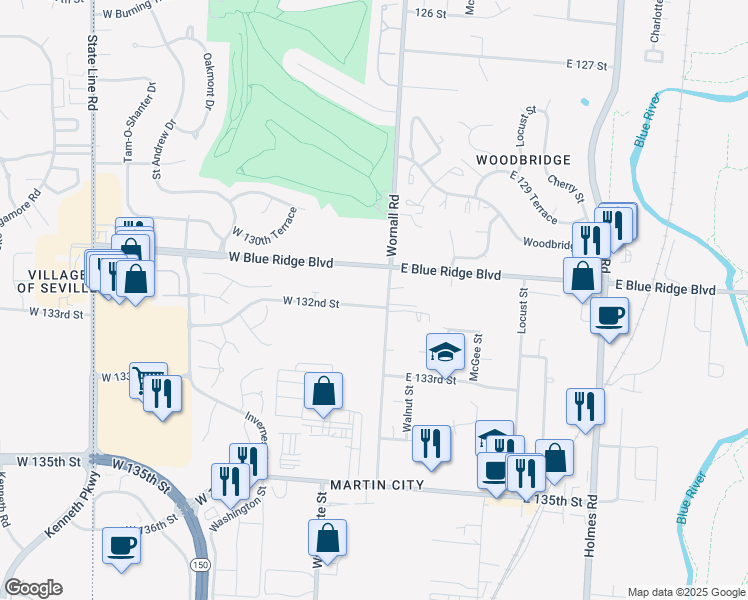 map of restaurants, bars, coffee shops, grocery stores, and more near 6 West 132 Street in Kansas City