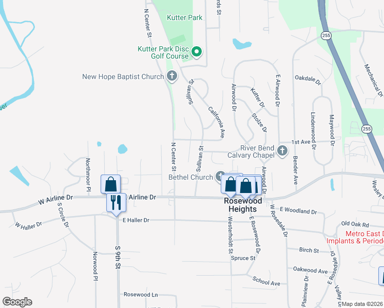 map of restaurants, bars, coffee shops, grocery stores, and more near 130 Reno Avenue in East Alton