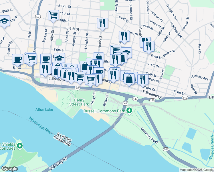 map of restaurants, bars, coffee shops, grocery stores, and more near 639 East Broadway in Alton