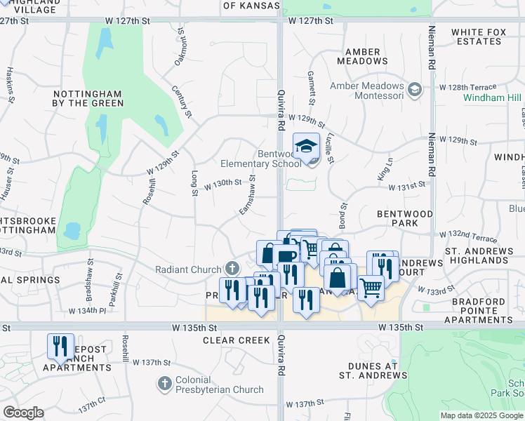 map of restaurants, bars, coffee shops, grocery stores, and more near 11910 West 131st Terrace in Overland Park