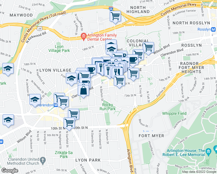 map of restaurants, bars, coffee shops, grocery stores, and more near 14th Street North & North Adams Street in Arlington