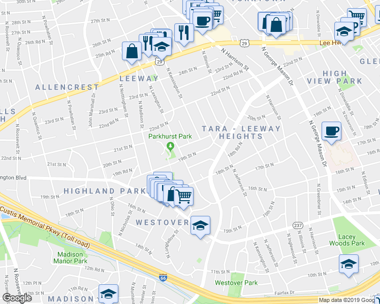 map of restaurants, bars, coffee shops, grocery stores, and more near 5717 19th Street North in Arlington