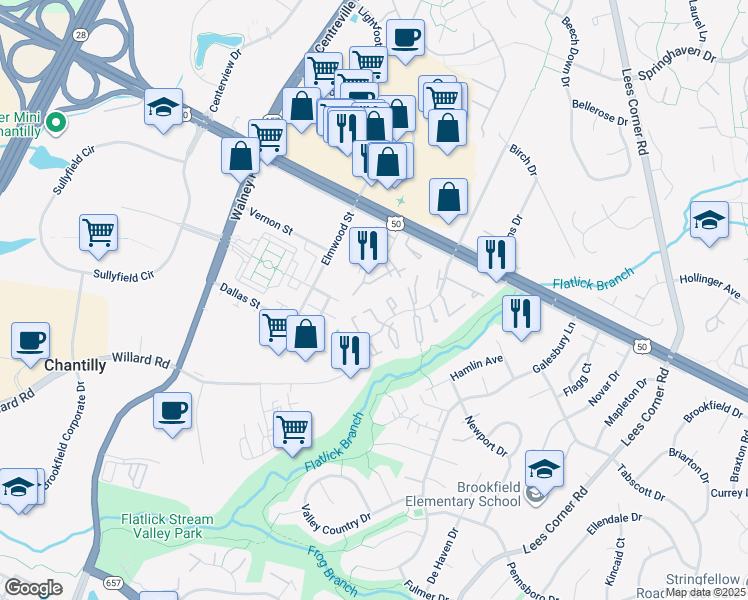 map of restaurants, bars, coffee shops, grocery stores, and more near 4073 Weeping Willow Court in Chantilly