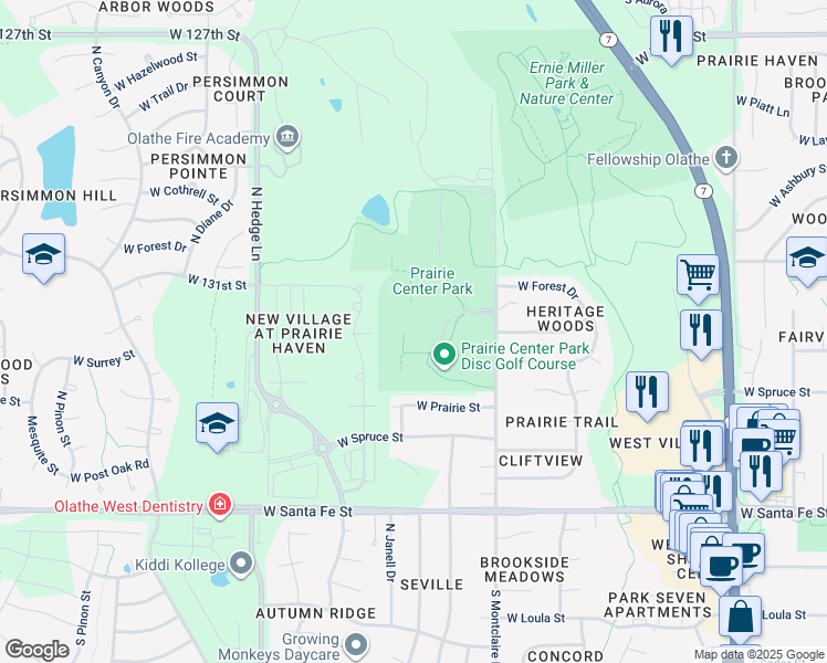 map of restaurants, bars, coffee shops, grocery stores, and more near 555 North Olathe View Road in Olathe