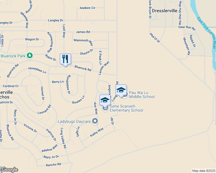 map of restaurants, bars, coffee shops, grocery stores, and more near 1469 Angora Drive in Gardnerville