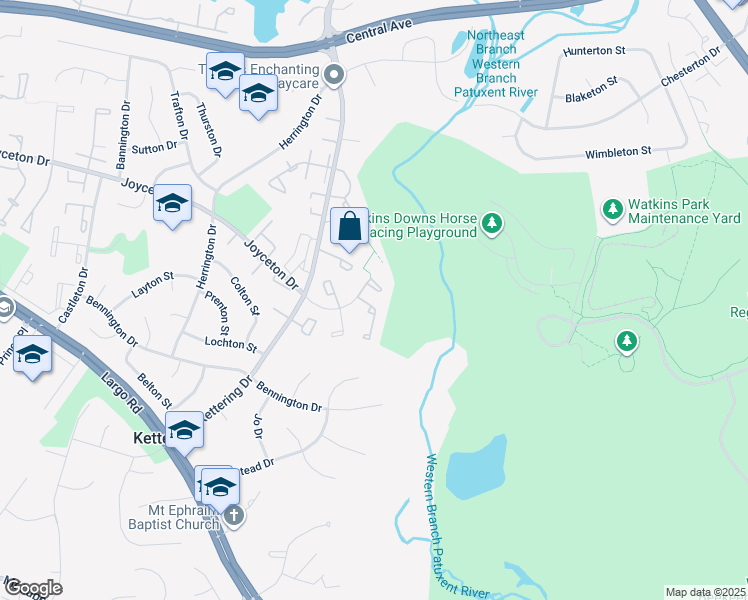 map of restaurants, bars, coffee shops, grocery stores, and more near 11543 Joyceton Drive in Upper Marlboro